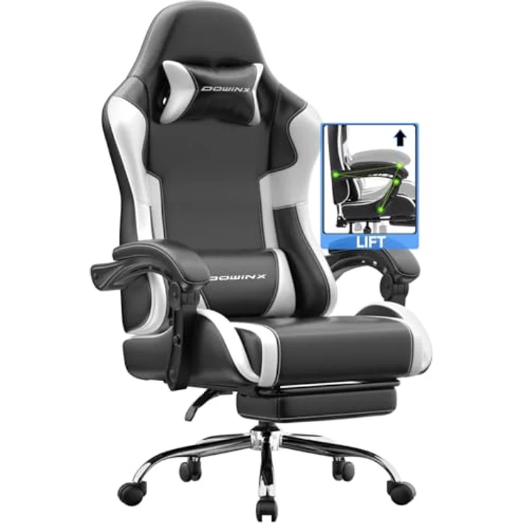 Dowinx Gaming Stuhl Bürostuhl Massage Gaming Sessel mit höhenverstellbaren Linkage-Armlehnen, ergonomischer Gamer Stuhl mit Fußstütze, gepolstert Gaming Chair 150° neigbar bis 180 kg, Weiß – Bild 2