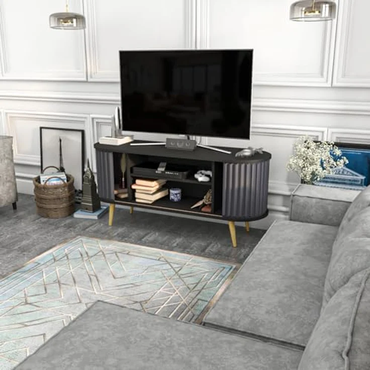 Hanah Home Stylish TV Stand, Black & Anthracite, 140 x 43 x 64 cm | 100% Melamine Coated Particle Board, 18 mm Thick | Modern Design for Living Room – Bild 5