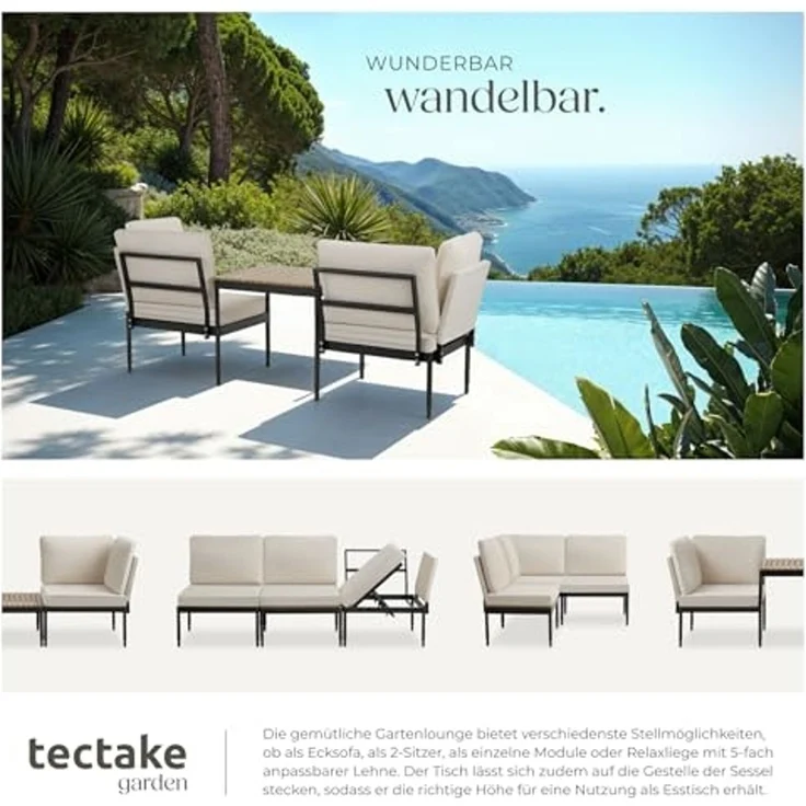 tectake Gartenlounge-Set Aluminium Gartenlounge-Set, (Set, 3-tlg), Kompakter Couchtisch mit Lamellen in natürlichem Holzlook – Bild 4