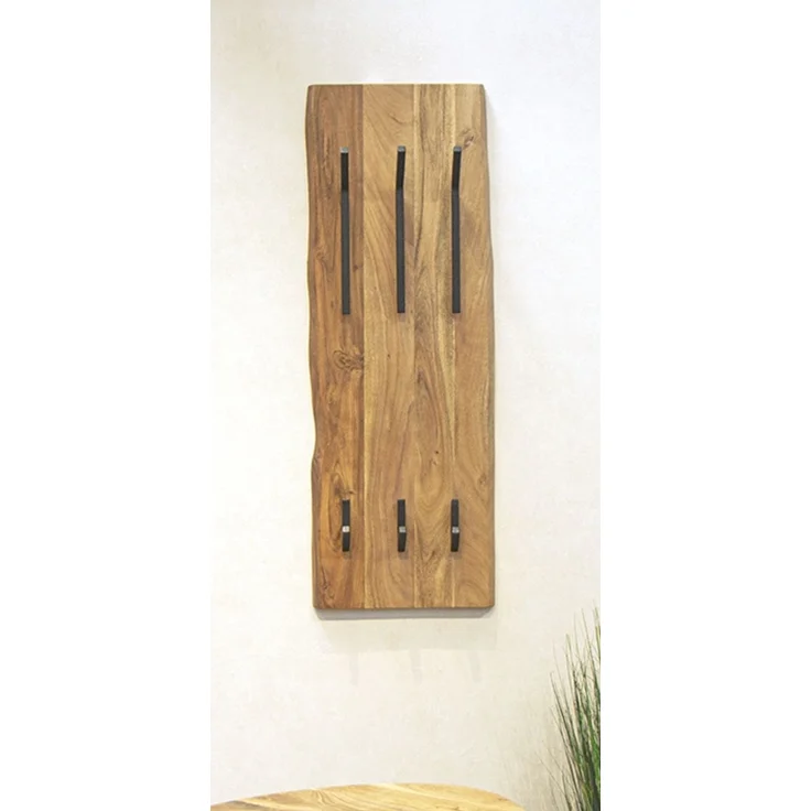 Haku Wandgarderobe aus Akazie Massivholz mit 8 Metallhaken schwarz pulverbeschichtet, Baumkante, 36x12x100 cm – Bild 10