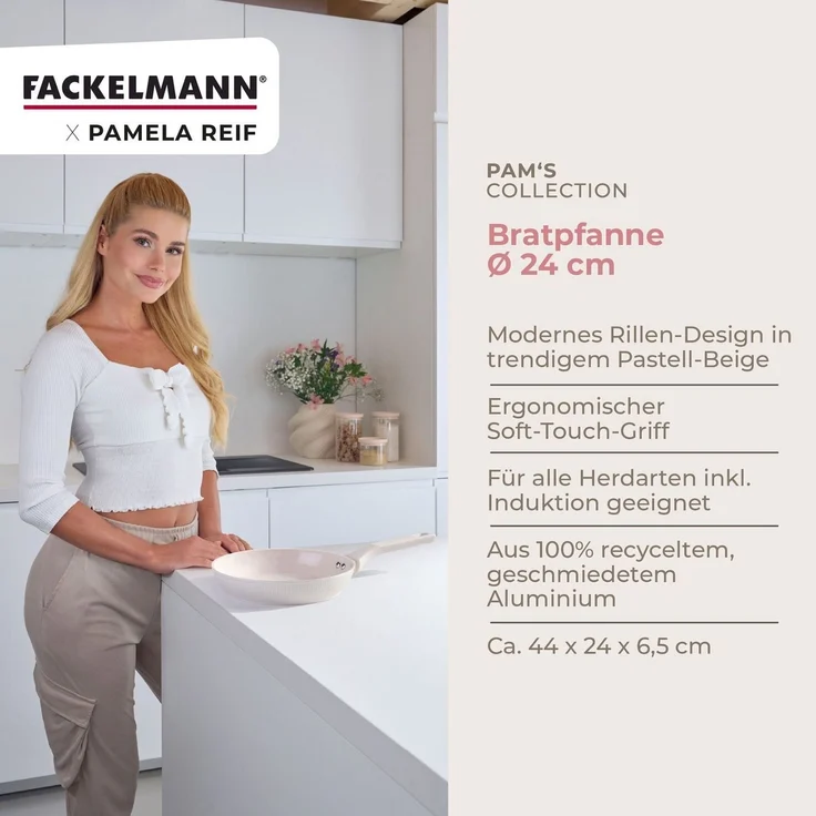 Fackelmann x Pamela Reif Bratpfanne – Ø 24 cm, Aus geschmiedetem, recycelten Aluminium in Pastell Beige, keramische, PFAS-freie Beschichtung, hitzebeständig bis 150 Grad C – Reinigung per Hand – Bild 2