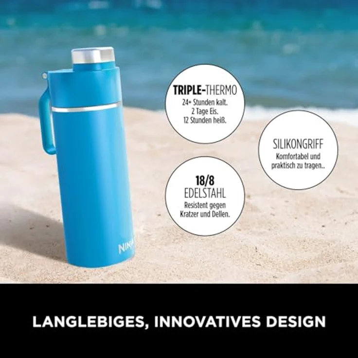 Ninja Thirsti Wasserflasche, Thermobecher to go, 530 ml, auslaufsicherer Deckel, für kohlensäurehaltige, heiße & kalte Getränke, dreifach isolierte Reiseflasche, Edelstahl, Tropenblau, DW1801EUUKSB – Bild 4