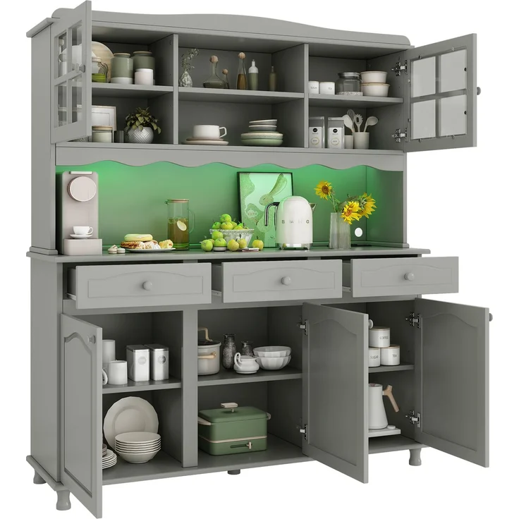 Buffetschränke, Esszimmer-Hochschrank 135*40*185 cm, mehrstufigem Stauraum, integrierter Steckdose sowie USB-C- und USB-A-Anschlüssen, Farbiger LED-Streifen, graugrün--Herde--135x40x185cm--YOUDENOVA – Bild 10