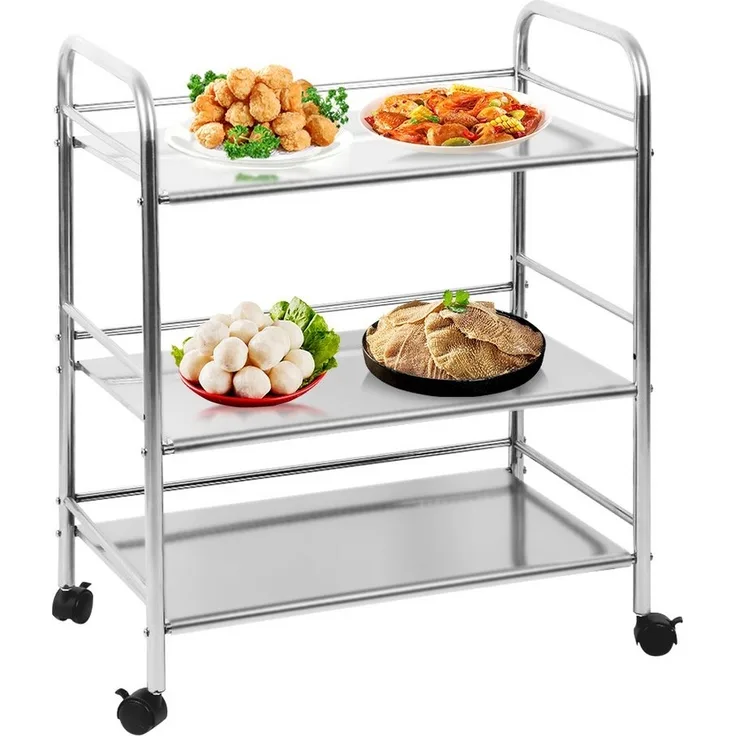 JEOBEST Servierwagen Küchenwagen Edelstahl mit 3 Ablagen Rollwagen 61 x 36 x 75cm, Hotel Servierwagen mit 4 Rädern, Abschließbar Räder, Kapazität 90 kg