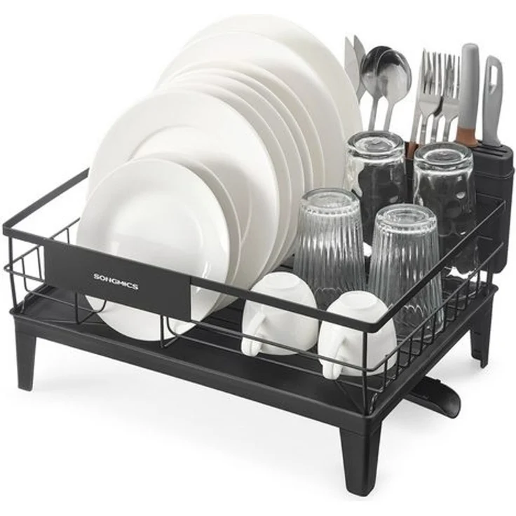 SONGMICS Abtropfgestell Geschirr, Geschirr-Abtropfständer, 360° drehbarer und ausziehbarer Ablauf, Abtropfschale, Besteckhalter, Küche, 31 x 42 x 18,5 cm – Bild 1