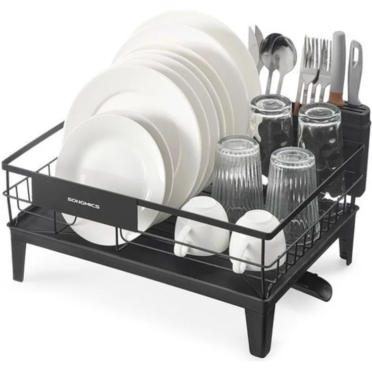 SONGMICS Abtropfgestell Geschirr, Geschirr-Abtropfständer, 360° drehbarer und ausziehbarer Ablauf, Abtropfschale, Besteckhalter, Küche, 31 x 42 x 18,5 cm
