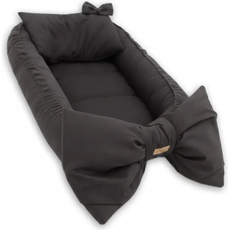 Sleepyshop24, Babynestchen mit Kissen, Kuschelnest für Neugeborene, Samt/Velvet Baby Kokon, Atmungsaktives Reisebett mit Schleife, Grau, Öko-Tex Standard 100
