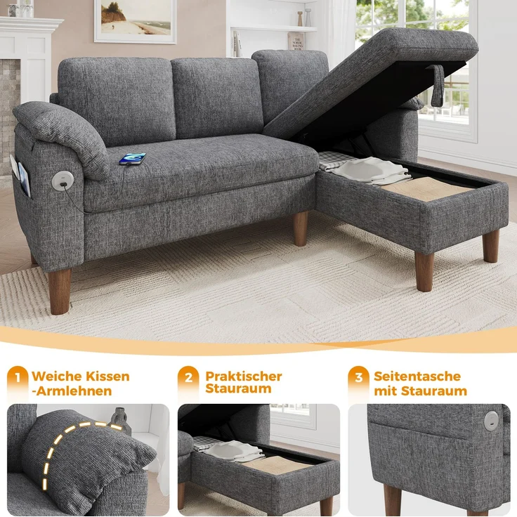 DESVIAE Sofa Ecksofa Hellgrau aus Chenille – 181x88x125 cm – Stauraum, USB-/Type-C-Anschluss – Bild 4