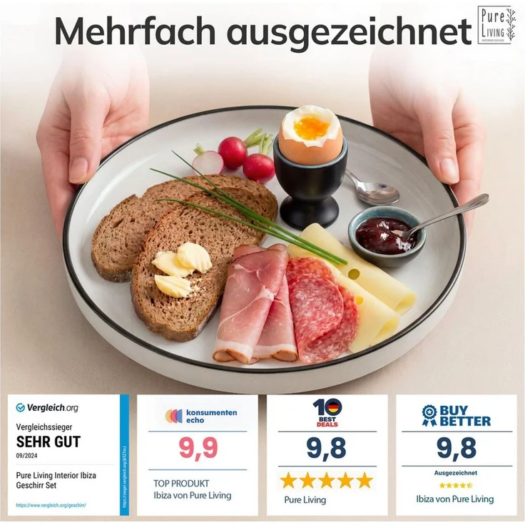 PURE LIVING INTERIOR DESIGN Geschirr-Set Scandi Dessertteller, Frühstückteller, 6er-Set, 20 cm, Weiß/Schwarz (6-tlg), 6 Personen, Porzellan – Bild 3