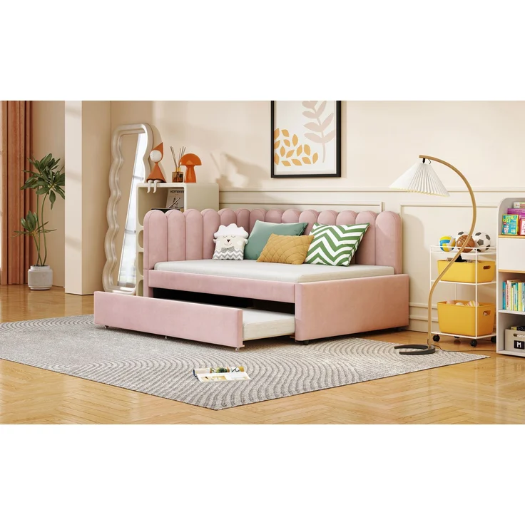 ZUBALIYA Schlafsofa 140x200 cm, Ausziehbett, mit Polsterstoffbezug, Rosa, ohne Matratze – Bild 13