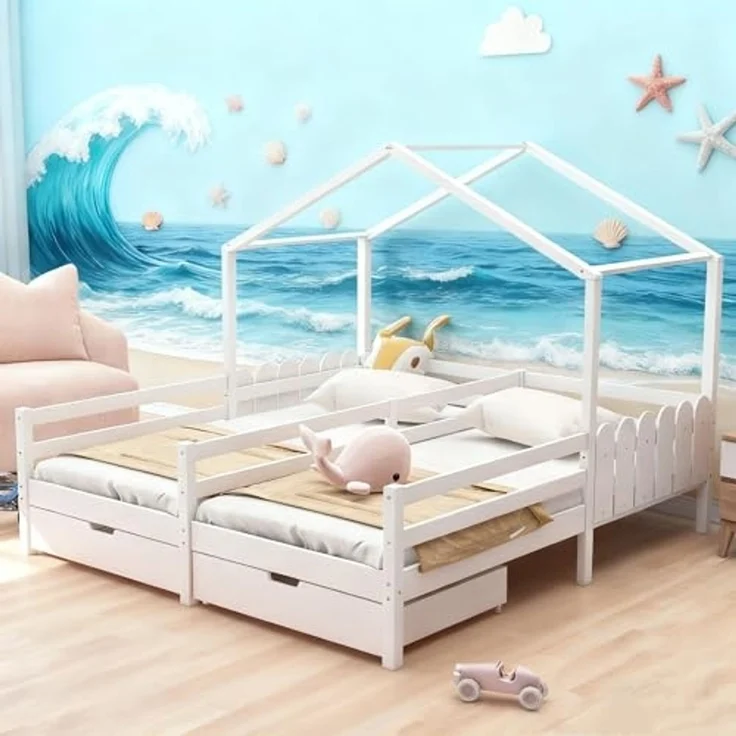 Ball & Cast Bodenbett (90x200 cm) mit 2 Schubladen, Hausbett mit Rausfallschutz und Lattenrost für 2 Kinder, EStabil & Rauschlos, Weiß – Bild 1