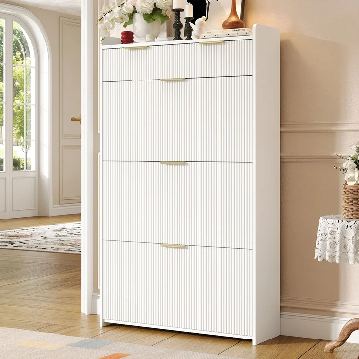 ZUBALIYA Schuhschrank (80 x 25 x 135 cm), 3 Klappfächer und 2 Schubladen, Aus Spanplatte, Stauraum für Flur und Eingangsbereich, Weiß – Bild 4