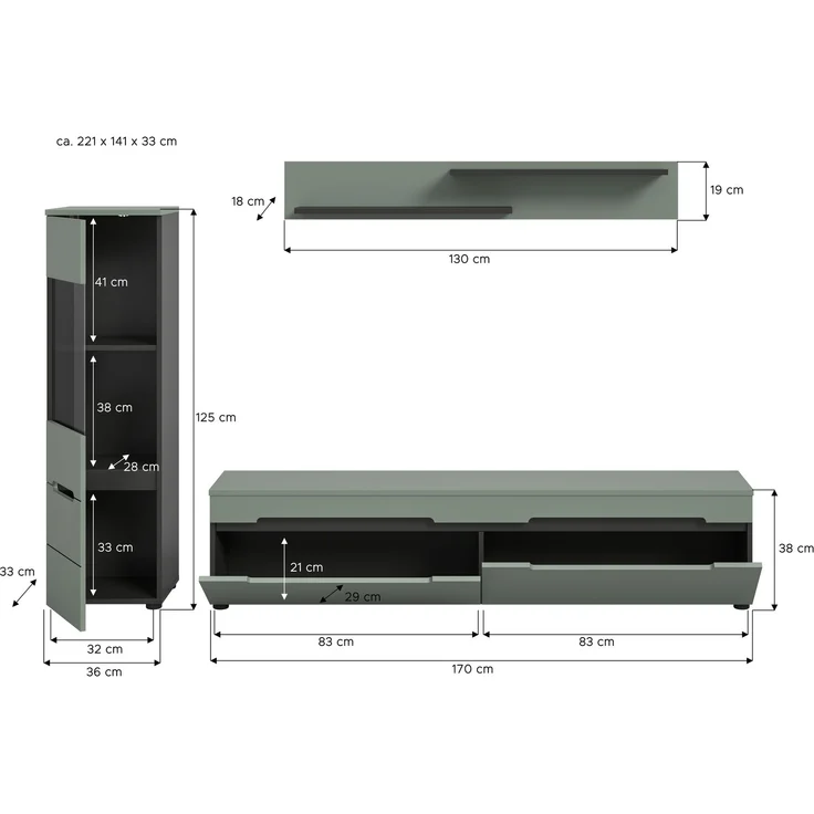 Wohnkombination (B/H/T: 221x141x33 cm) in Smoke Green Nachbildung – Bild 4