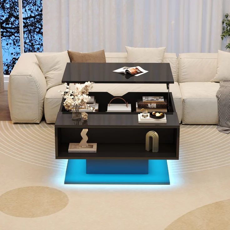 Couchtisch mit LED-Beleuchtung, verstecktem Stauraum und Hochglanzoptik, Lift-Design Sofatisch in Schwarz, mit USB-Anschluss – Bild 5