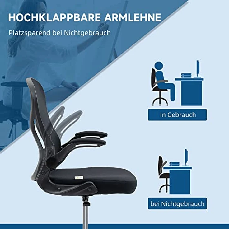 Vinsetto Ergonomischer Bürostuhl, Schwarz, höhenverstellbar mit Mesh-Gewebe und klappbaren Armlehnen, 65x122x59 cm – Bild 7