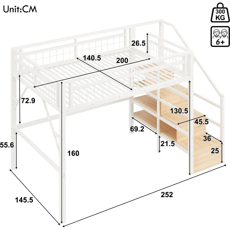 U-life Hochbett 140x200 cm, Eisenrahmen, LED-Beleuchtung, Treppenkonstruktionen, Freier, Metall, Weiß – Bild 10