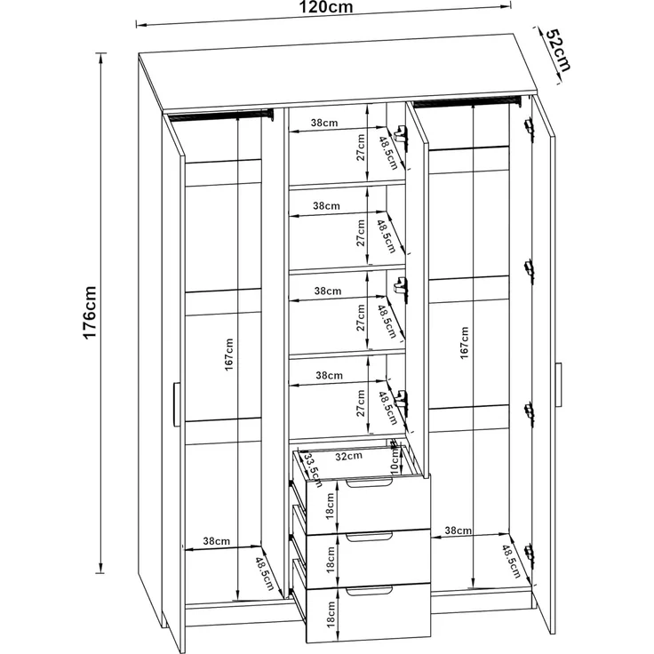 Kleiderschrank Eiselfing 176x120x52 cm 3 Schubladen Grau [en. casa] – Bild 2