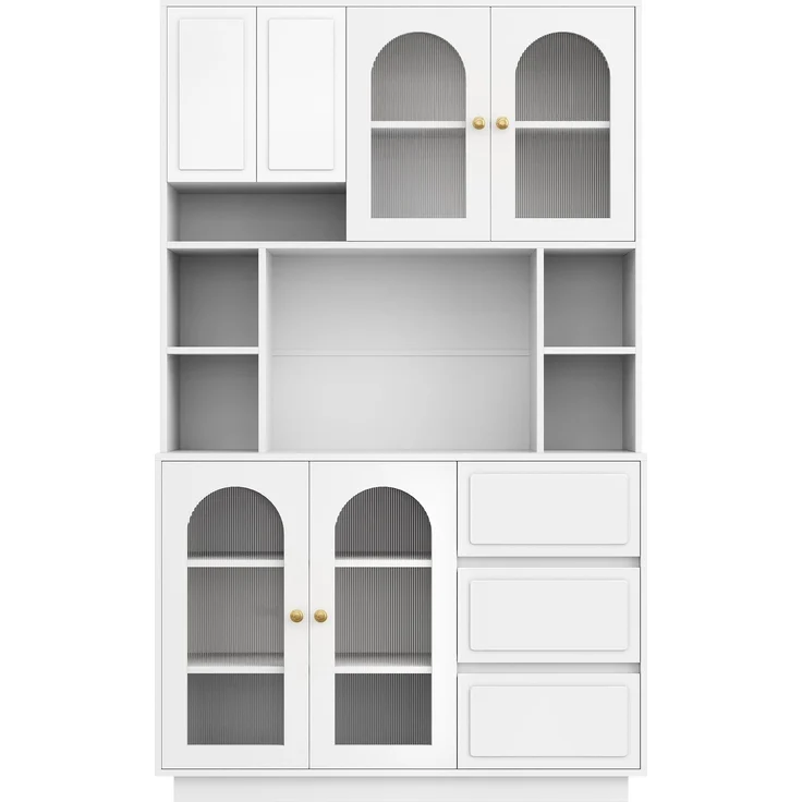 Merax Hoher Sideboard Schrank, Küchen Staurschrank mit Bogen-Acryltüren, Bar-Schrank mit offenen Fächern, Schrank mit APP-gesteuerter farbverstellbarer LED-Beleuchtung, Weiß – Bild 7