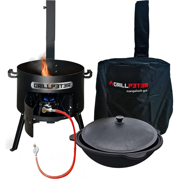 Grillpeter Utschak Asamat Ø50 cm schwarz mit Rauchrohr Kasan 22L Gasbrenner Abdeckhaube – Bild 1