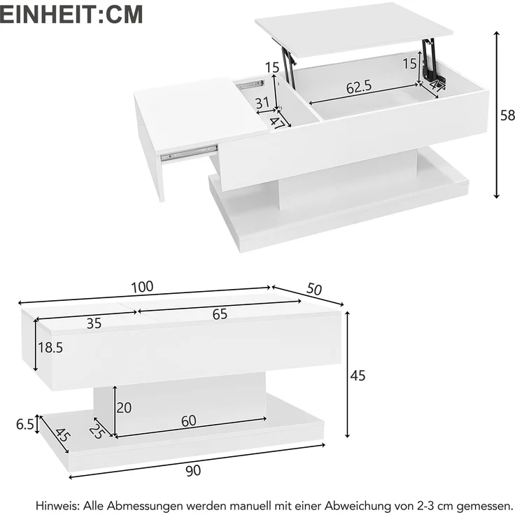 Couchtisch, mit hydraulischem Lift, schiebbarer Platte & LED-Beleuchtung, 100x50x45 cm, Weiß – Bild 10