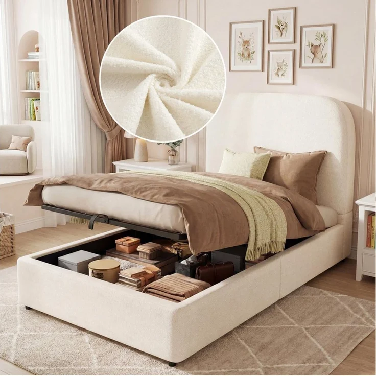 MODFU Polsterbett 90x200 cm mit Stauraum aus Bouclé, Beige (Packung, 1-tlg, Mit Lattenrost & Kopfteil, großem Stauraum, hydraulisch), Gepolstertes Kopfteil, ideal als Kinder- & Einzelbett(ohne Matratze) – Bild 2