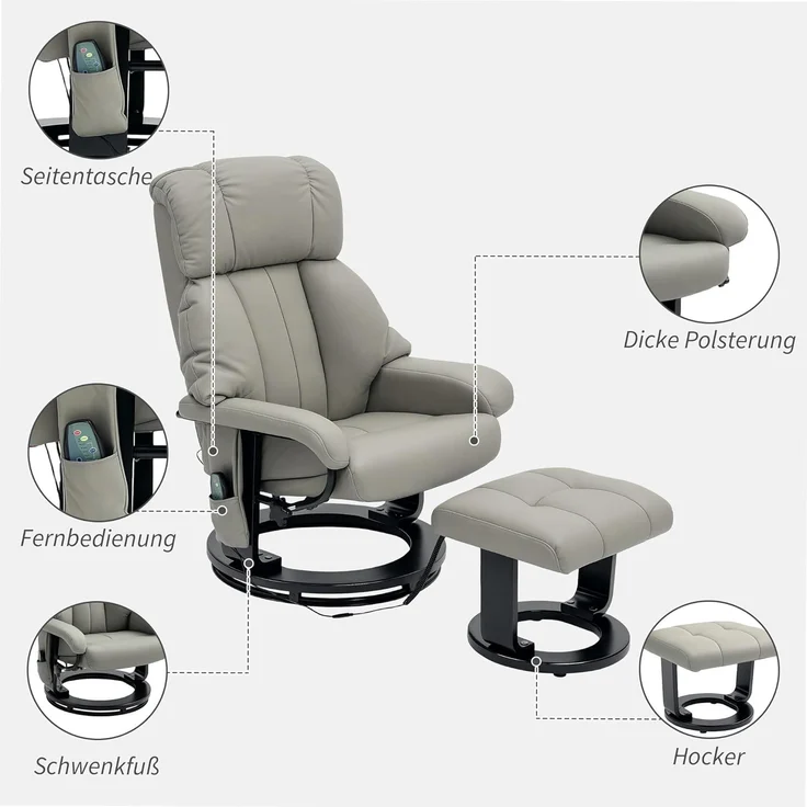 HOMCOM Massagesessel Relaxsessel mit Fußhocker (Fernsehsessel, 2-St, Elektrischer Liegesessel mit Fernbedienung), mit Seitentasche, Kunstleder, Grau – Bild 6