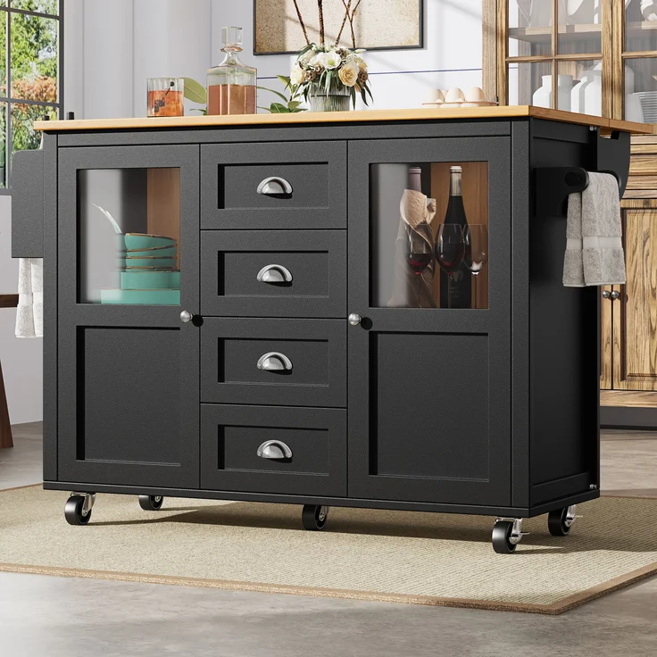 Multifunktionale Kücheninsel Schwarz 137,9×73×92,5 cm, Klapptisch, 4 Schubladen, Glastüren, Handtuch- & Gewürzregale, 92.5cmx137.9cmx45-73cm – Bild 3