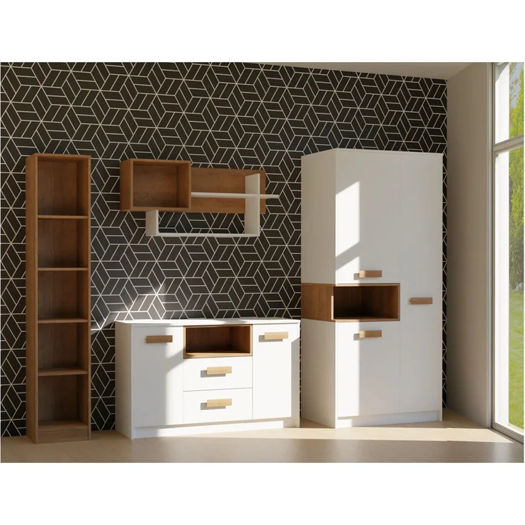 Marmex Möbel Grant Set-E Jugendzimmer Komplett-Set 4-teilig mit Kleiderschrank, Kommode, Wandregal, offenes Regal, Kinderzimmermöbel, laminierte Spanplatte, weiß+riviera Eiche, 246,5x195x55 cm – Bild 7