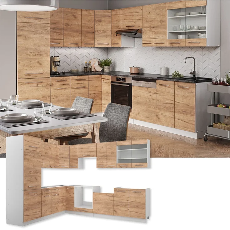 Eckküche Fame-Line Goldkraft Eiche/Weiß 287 x 46 cm ohne Arbeitsplatte Vicco – Bild 2