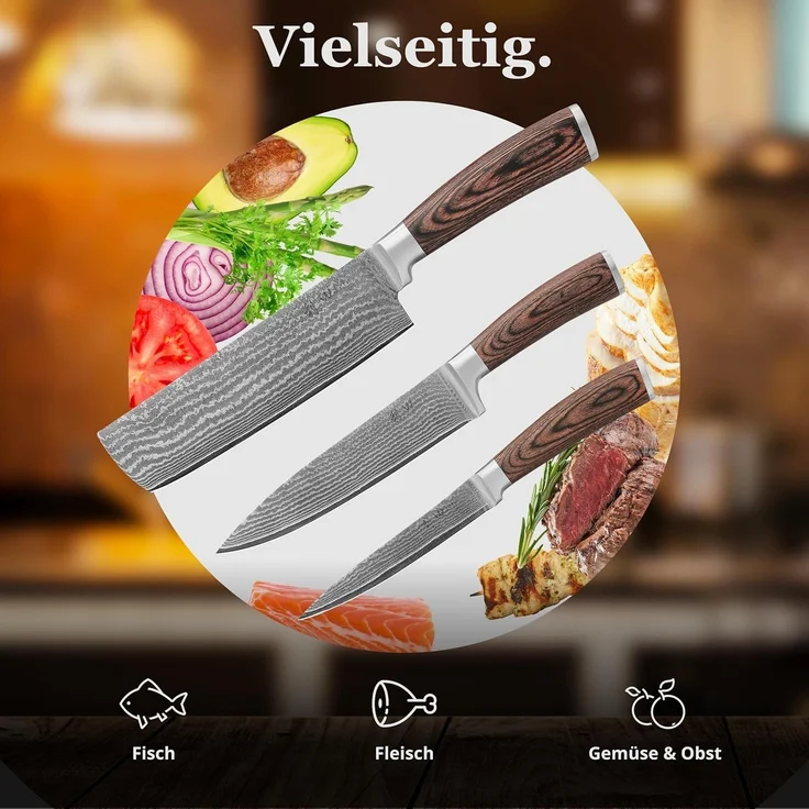 Wakoli Messer-Set 3er Damastmesser Set, Kochmesser Küchenmesser I 12,5 bis 20cm Klingen (Damastmesser mit Geschenkbox, 1-tlg, 1x Santoku, 1x Nakiri), aus 67 Lagen Damaststahl mit Kupfereinlage, VG-10 Stahlkern – Bild 6