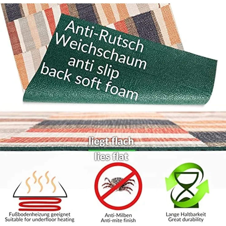 ANRO Küchenläufer Hochwertig GreenLine Flurläufer Teppichläufer Textil, Eckig, Bodenläufer 100x52cm Line Patchwork Beige Grau pflegeleicht – Bild 4