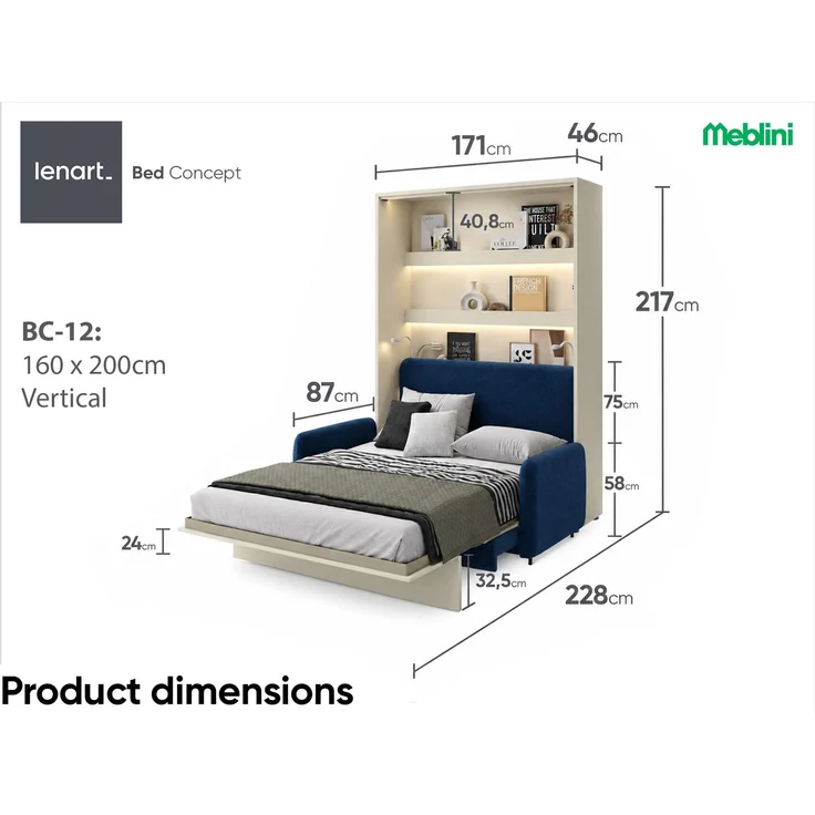 MEBLINI Schrankbett BC-12 - 160x200cm Vertikal - Kaschmir/Blau - mit Sofa - Wandbett mit Lattenrost - Klappbett mit Schrank - Wandklappbett - Murphy Bed – Bild 7