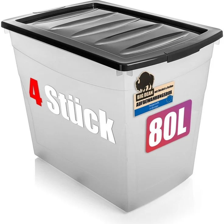 BigDean 4x80 L Aufbewahrungsbox mit Deckel und Rollen groß Budget Line Plastikbox mit Deckel XXL – Bild 1