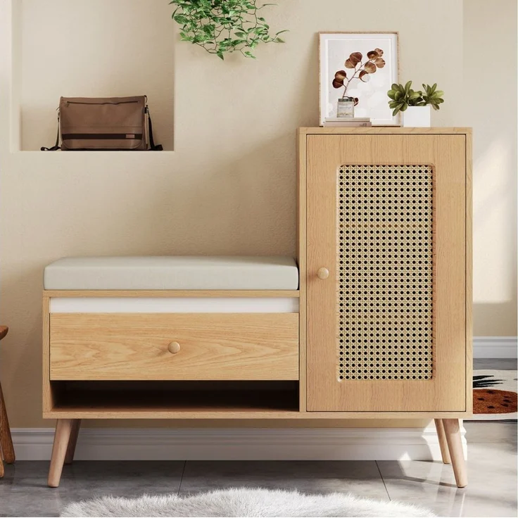 STILVORA Schuhschrank Rattan Garderobenbank mit Schuhschrank und Sitzpolster eine Schranktür (Schuhregal mit Schubladen & offenen Fächern, Mehrstufiges, multifunktionales Aufbewahrungssystem) Atmungsaktives und staubdichtes Design – Bild 1