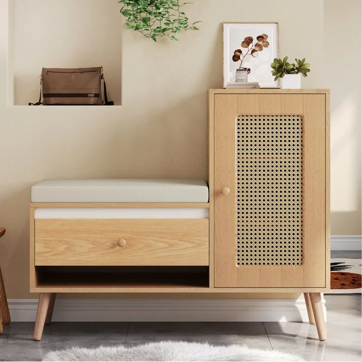STILVORA Schuhschrank Rattan Garderobenbank mit Schuhschrank und Sitzpolster eine Schranktür (Schuhregal mit Schubladen & offenen Fächern, Mehrstufiges, multifunktionales Aufbewahrungssystem) Atmungsaktives und staubdichtes Design