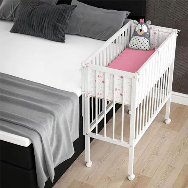 VitaliSpa Beistellbett Sophie, Weiß, 94 x 42.5 cm 2 Seitenschienen, höhenverstellbar mit Rollen und Befestigung am Elternbett – Bild 4