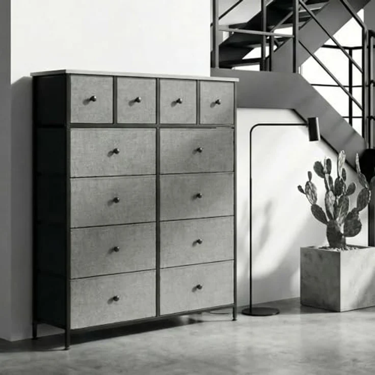Clevich Stoff-Kommode, Schminktisch Schrank, Aufbewahrungsschrank, 12 Schubladen aus Stoff, Metallrahmen, industrieller Stil, für Wohnzimmer, Flur, Schlafzimmer (Dunkelgrau) – Bild 3