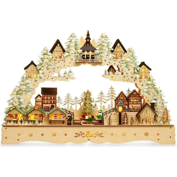 SIKORA Schwibbogen LB92 Weihnachtsdorf Seiffen mit LED Beleuchtung, Spieldose und motorbetriebenem Weihnachtsbaum B:58cm – Bild 5
