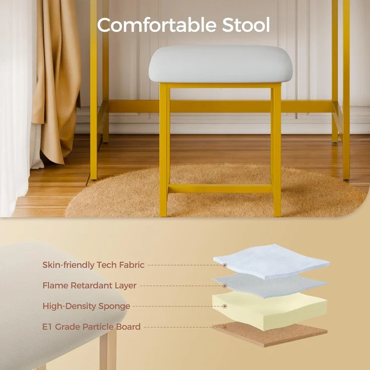 Mondeer Schminktisch mit Spiegel und Hocker, Schlafzimmer Frisiertisch mit 3 Farben LED-Beleuchtung 2 Schubladen 2 Schmuckkasten und 3 offenen Fächern, für Schlafzimmer, Weiß und Gold – Bild 6