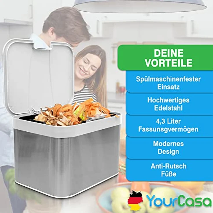 YourCasa Biomülleimer YourCasa® Biomülleimer Küche aus Edelstahl Komposteimer Küche - 4,3L, Deckel öffnet per Knopfdruck, Edelstahlgehäuße – Bild 6