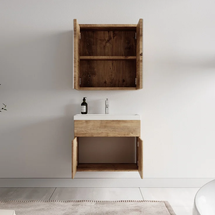 Badplaats Badmöbel Komplettset Montreal 60x35 cm Kastanien Eiche - Badezimmermöbel mit Waschbecken und Spiegelschrank – Bild 3