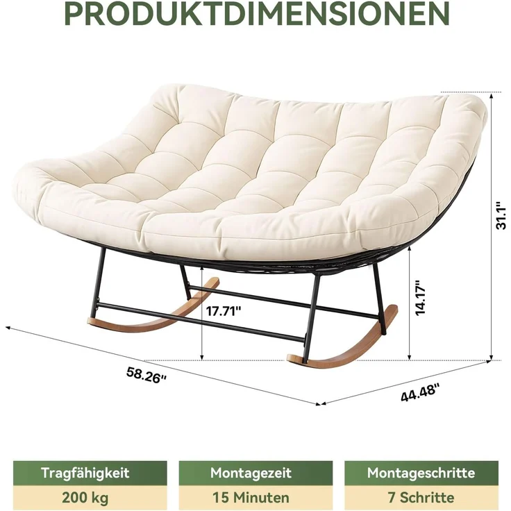 Aoxun Schaukelstuhl Outdoor,Ergonomischer Schaukelsessel für Indoor, Relaxsessel Garten,Balkon Sessel,148x113x79cm,Wetterfester Gartenstuhl Bequem,bis 200KG,Beige – Bild 2