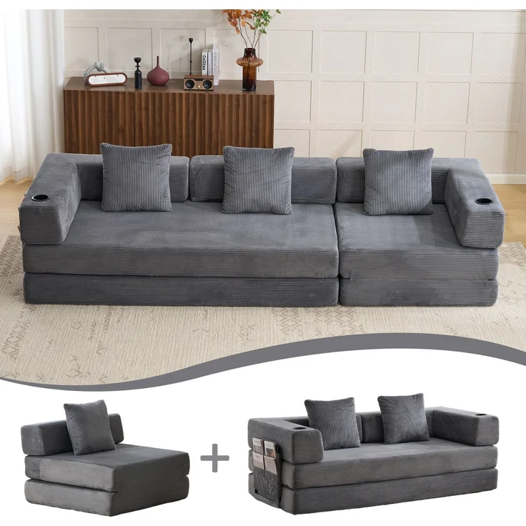 Schlafsofa aus Cord für bodennahes Sitzen, faltbar, Dunkelgrau，H 60 x T 277.5 x B 92.5 cm – Bild 2