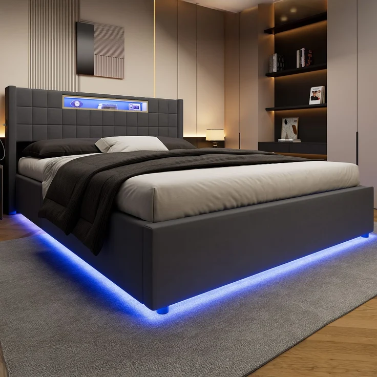 Polsterbett 160x200 cm mit LED, USB-Anschluss und hydraulischem Stauraum – ohne Matratze – Bild 8