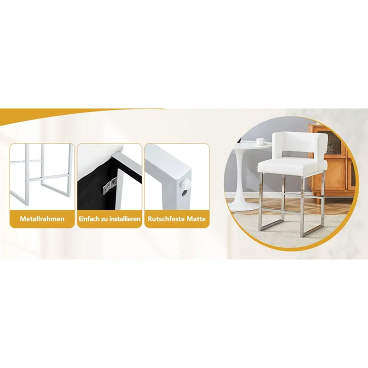 2er-Pack-Barstühle im nordischen Stil mit modernem quadratischem Design, silbernen Metallbeinen und einem leichten und bequemen Set. Erhältlich in mehreren Farben.--Weiß+Silber--91.4x53.3x48cm--YOUDENOVA – Bild 4