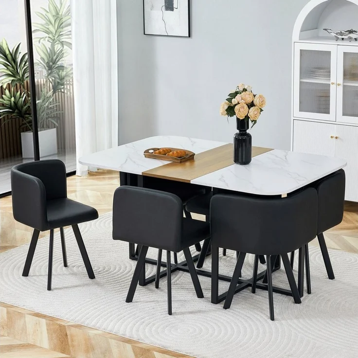 ANYSUN Essgruppe Esstisch-Set,Esstisch mit 6 Stühlen, für 4-6 Personen, (Set, 7-tlg,Tisch mit Holzmaserung-Oberfläche & schwarzem Metallgestell, Tisch mit 6 Stühlen), Esszimmerstuhl,rechteckig Küchentisch,ideal für Küche & Wohnzimmer – Bild 1