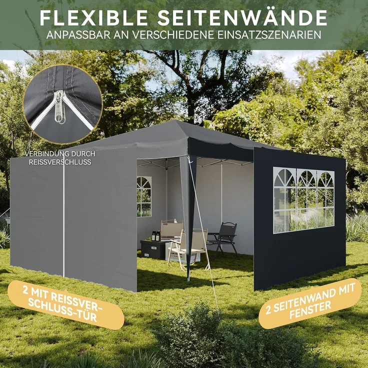 Aoxun Pop Up Pavillon 3x3 Wasserdicht mit 4 Seitenwänden, Metallrahmen-Schutzzelt, Höhe Verstellbar, 3mx3m Faltpavillon mit Tragetasche für Camping Party, Grau – Bild 5