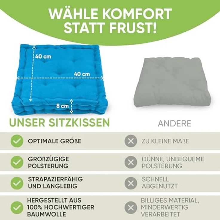 Gräfenstayn Sitzkissen 4er Set 40x40 cm mit 8 cm Polsterung aus 100 % Baumwolle -, robustes Sitzkissen für Indoor & Outdoor, bequemes Bodenkissen – Bild 8