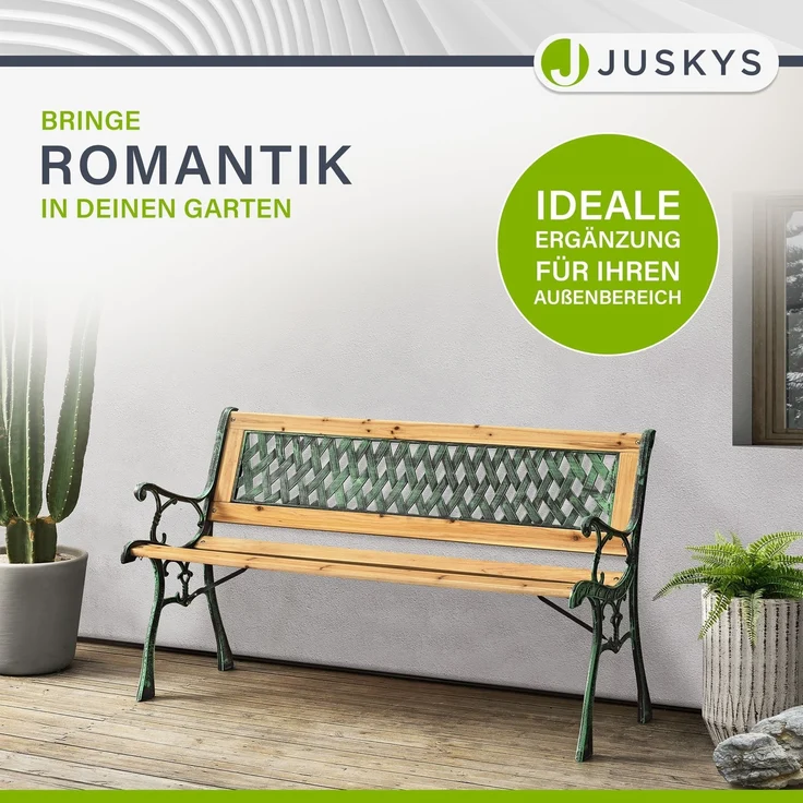 Juskys Gartenbank Pisa – 2-Sitzer Holzbank mit Armlehnen & Rückenlehne – wetterfeste Sitzbank 122x54x73 cm - Seitenelemente aus Gusseisen – Bild 4