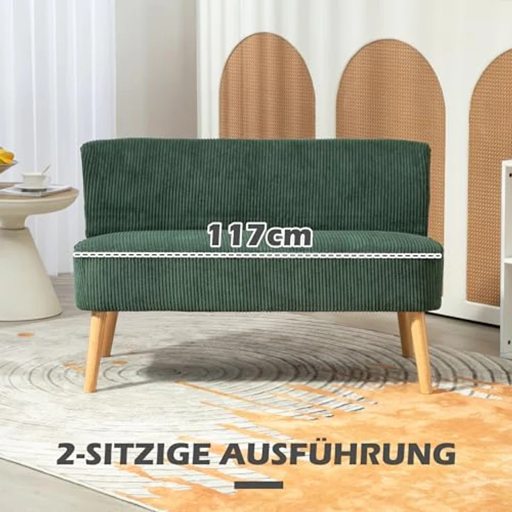 HOMCOM 2-Sitzer Sofa, Couch mit Kordoptik, Holzbeine, Doppelsofa 1 Teile, für Wohnzimmer, Schlafzimmer, 117 x 56,5 x 77 cm, Grün – Bild 4